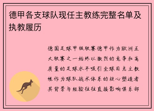 德甲各支球队现任主教练完整名单及执教履历
