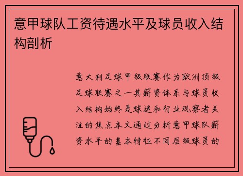 意甲球队工资待遇水平及球员收入结构剖析