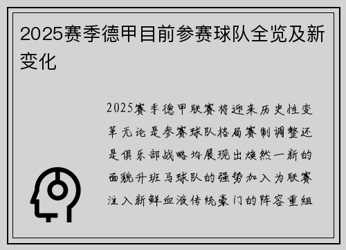 2025赛季德甲目前参赛球队全览及新变化